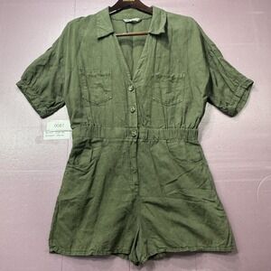 Zara Romper Women XL Olive Green Button Front Utility Linen Blend Short